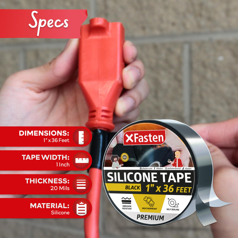 [Australia - AusPower] - XFasten Self Fusing Silicone Tape Waterproof – 1" x 36 Feet Black, Self Amalgamating Tape, Silicone Rubber for Plumbing, Sealing Pipes, Hose Repair, Outdoor Coax and Electrical Cables – Weatherproof 1-Inch x 36-Feet 