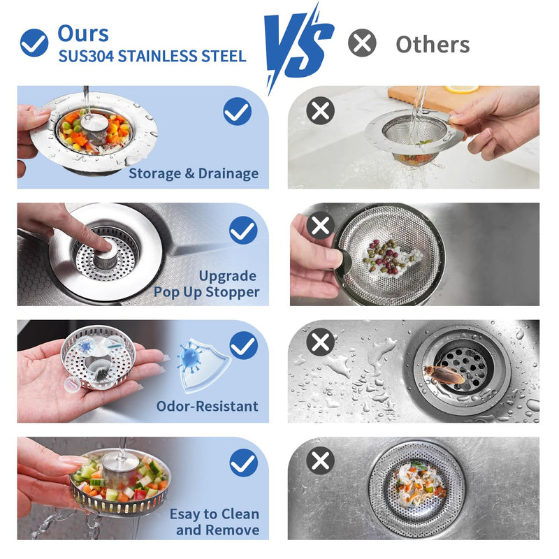 3-in-1 Kitchen Sink Drain Strainer & Sink Stopper 2 Pack - 304 Stainless Steel Sink Drain Strainer, Pop-Up Anti-Clog Design, Fits Standard 3-1/2'' Sink Drains Sus304 Brushed 2pack