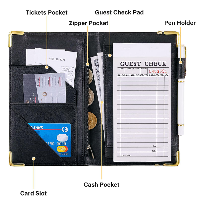 [Australia - AusPower] - Server Book, PU Leather Server Books for Waitress with Zipper Pockets, Waitress Book with Pen Holder Fit Server Apron Check Presenters for Restaurants Black 
