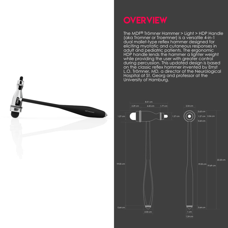 [Australia - AusPower] - MDF Instruments, Tromner Neurological Reflex Hammer with Built-in Brush for cutaneous and Superficial responses - Light - HDP Handle - Free-Parts-for-Life & Lifetime Warranty - Black (MDF555P-11) 