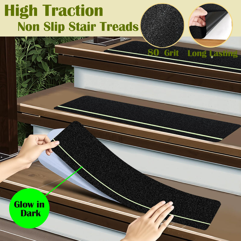 Outdoor Stair Treads Non Slip with Glow in Dark Stripe, 5.9" x 23.6" Anti Slip Tape for Wooden Steps, Non Skid Grip Tape Stripes for Stairs, Steps (5, 5.9" x 23.6" Black with Glow-in-The-Dark)