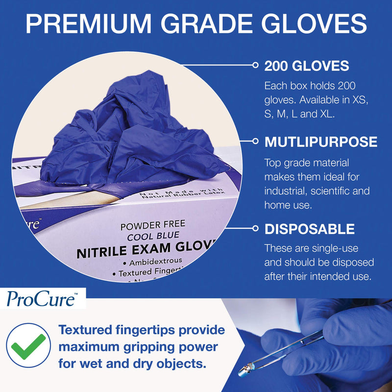 [Australia - AusPower] - ProCure [200 Count] Disposable Nitrile Gloves - Latex Free, Powder Free Medical Exam Gloves Blue (Medium) 
