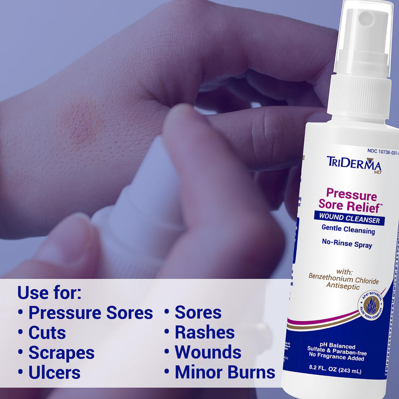 [Australia - AusPower] - TriDerma Pressure Sore Relief Wound Cleanser, Gentle Cleansing for Bed Sores, Ulcers, Pressure Sores, Wounds and Hard-to-Heal Skin Sores with AP4 Aloe Vera and Niacinamide, Fragrance Free 8.2 oz Spray 8.2 Fl Oz (Pack of 1) Cleanser Spray 