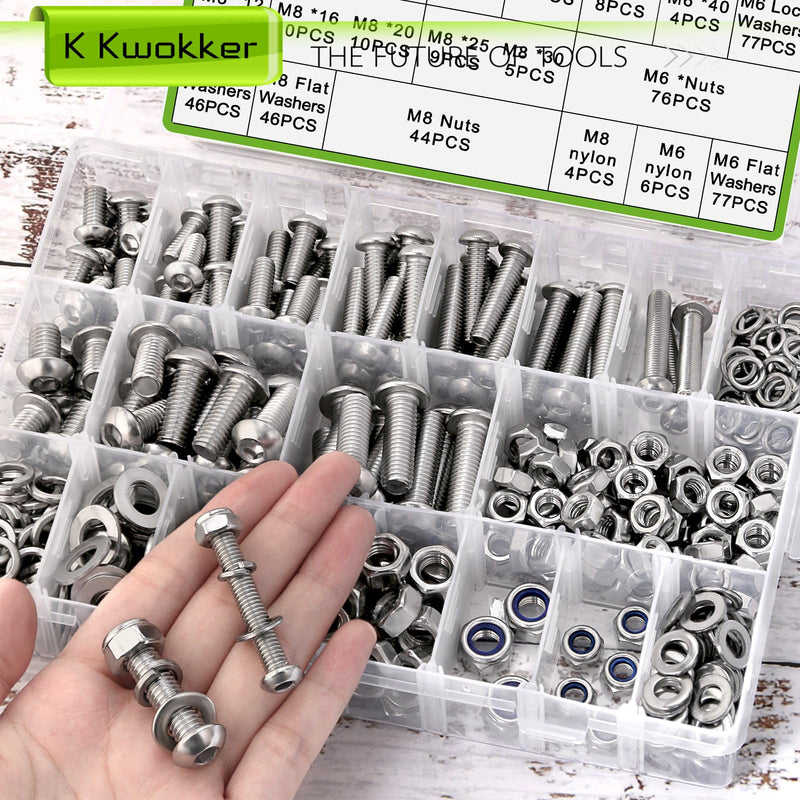 [Australia - AusPower] - 500Pcs M6 M8 Metric Screws Assortment Kit 12MM-40MM w/Lock Nut, Button Head Hex Socket Nuts and Bolts Assortment Kit, 304 Stainless Steel Machine Screws w/Washers, M6x1.0 Bolt, M8x1.25 Bolt G M6 M8 Hex Button Screws Silver 