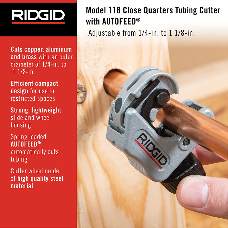 [Australia - AusPower] - RIDGID 86127 Model 118 Close Quarters AUTOFEED 1/4" to 1-1/8" Copper, Aluminum, Brass, and Plastic Tubing Cutter 