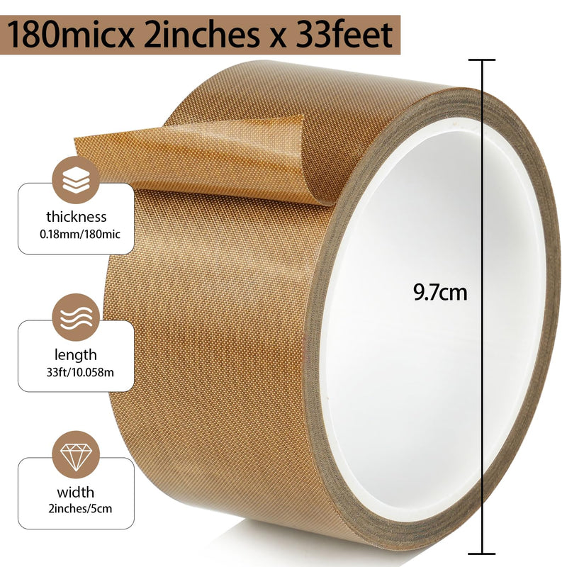 [Australia - AusPower] - Teflone Glass Cloth Tape,2''x 33ft x 0.18mm,PTFE Coated Fiberglass Adhesive Tape,High Temperature PTFE Tape for Vacuum Sealer Machine,Hand Impulse Sealers Insulation,Low Friction Tape,Squeak Resistant 2inx33ft 