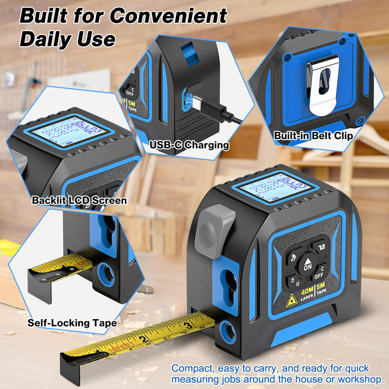 2-in-1 Laser Tape Measure, 130 Ft Laser Distance Meter and 16 Ft Self-Locking Measuring Tape, USB-C Rechargeable Digital Measuring Tape Laser Tape Measure 130ft/40m