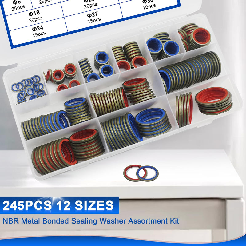 [Australia - AusPower] - 245pcs Bonded Seal Washer, NBR Metric Metal Automotive Sealing Washers Assortment Kit Self-Centred Sealing Rubber Gasket Combination Fit 12 Size M6 M8 M10 M12 M14 M16 M18 M20 M22 M24 M27 M30 245PCS Red & Blue Seal Washers 