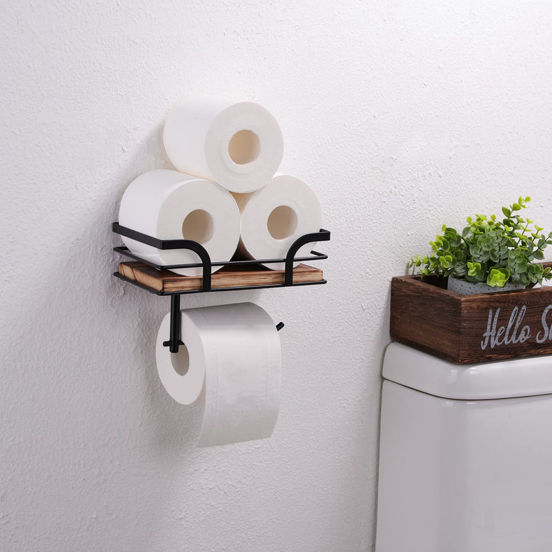 Rustic Farmhouse Toilet Paper Holder with Shelf - Farmhouse Bathroom Rustic Country Decor - Rustic Bathroom Accessories with Warm Brown Wood Shelf for Wipes&Cell Phone&Reading, Black Metal Dark Brown