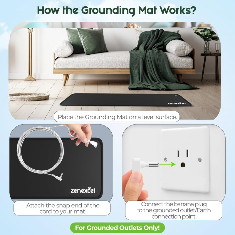 [Australia - AusPower] - Zenexcel Grounding Mat 24"x16" with Extra 15ft Nylon-Braided Cord (2 Cords Total) – Connect to Earth’s Energy for Natural Sleep, Stress Relief & Recovery 