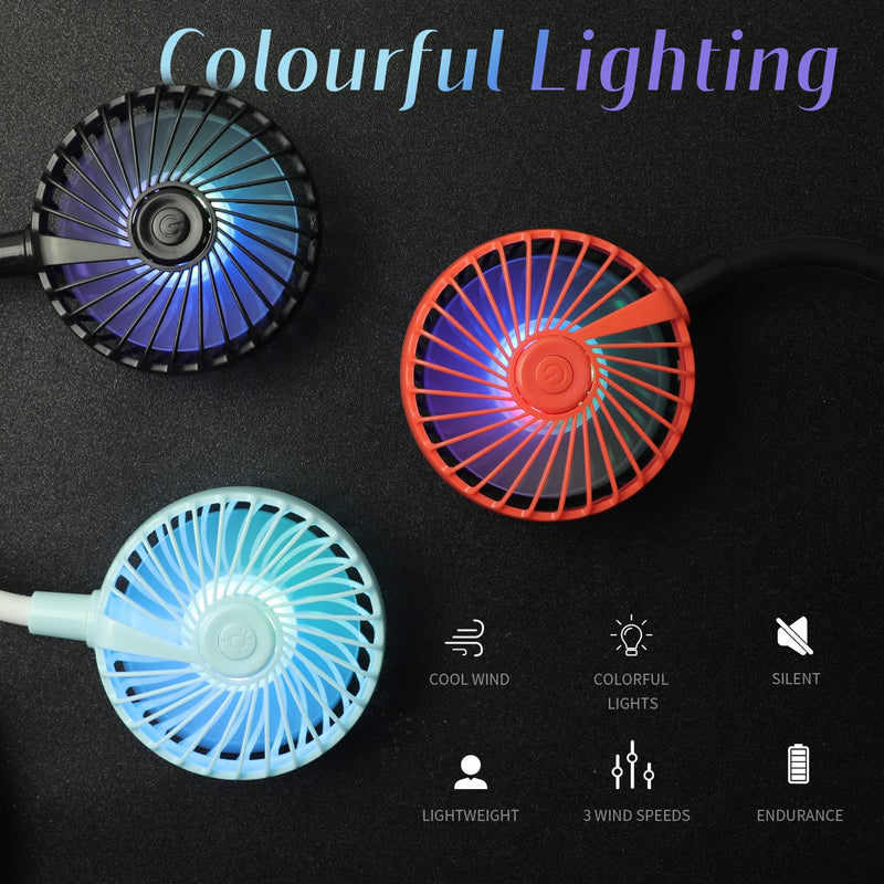 [Australia - AusPower] - Portable Cooling Neck Fan, Rechargeable USB Personal Neck Fan with Colorful LED lights, 360° Rotation, Wearable Neck Fan Air Conditioner for Office Travel Sport, 3 Adjustable Speeds White 