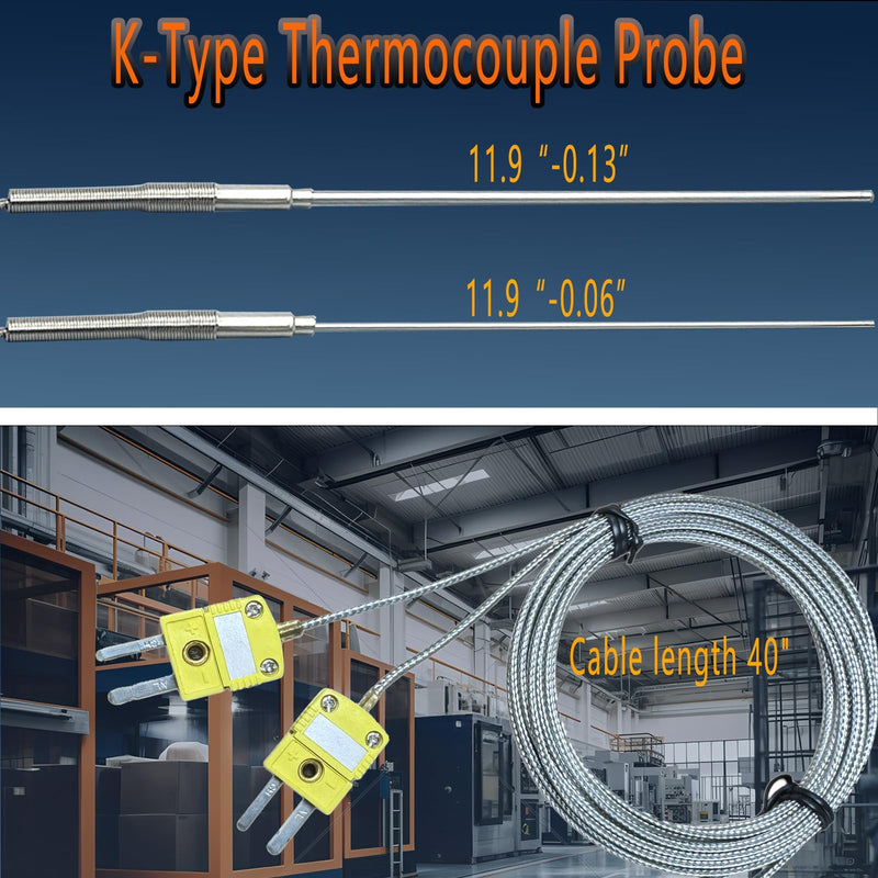 [Australia - AusPower] - 2 Pack TL1918SL TL1916SL K-Type Thermocouple Probe Large Probe 11.9“-0.13” Small Probe 11.9“/0.06”Measuring Range 40°F-1100°F Cable 40" 