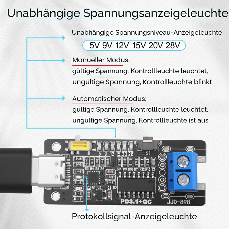 USB-C PD3.1 Voltage Release Module with Shutdown Memory, Manual/Automatic Dual Mode, Adjustable Voltage 5V/9V/12V/15V/20V/28V, 140W, for PD/QC/FCP/AFC