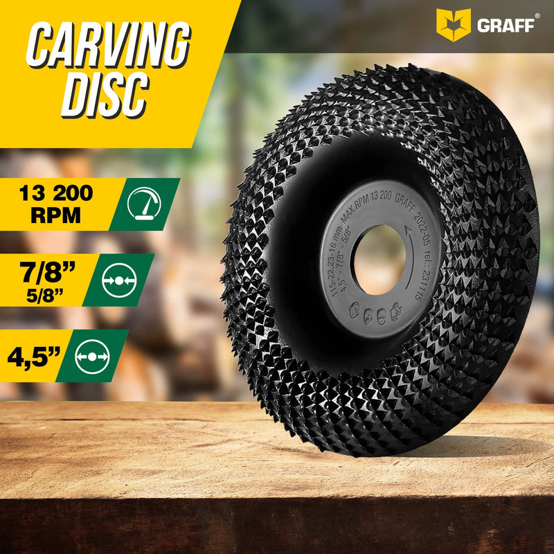 [Australia - AusPower] - GRAFF Premium Wood Carving Disc 4 1/2 Inch for Angle Grinder - Shaping and Grinding Wheel for Wood, Drywall, Chipboard, Plastic - Woodworking Angle Grinder Attachment with 7/8" - 5/8" Arbor Ø 4 ½ Inch Curved Carving Blade 