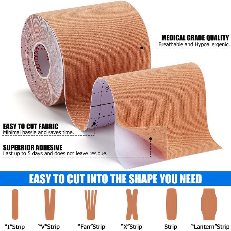 3 Pack Kinesiology Tape for Shoulder, Precision Width for Targeted Muscle Support, Waterproof Latex Free Cotton Elastic Athletic Tape for Pain Relief, Joint, Knee, Ankle - Beige 3in 5.5yd