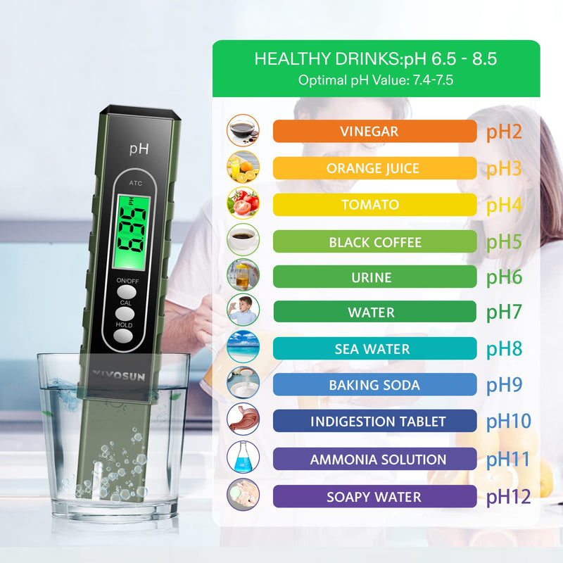 [Australia - AusPower] - VIVOSUN PH Meter Digital PH Tester Pen 0.01 High Accuracy Water Quality Tester with 0-14 PH Measurement Range for Household Drinking, Pool and Aquarium, with ATC, Army Green 