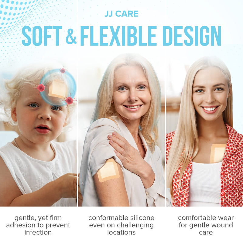 [Australia - AusPower] - JJ CARE Silicone Foam Dressing 3x3 [Pack of 10], Silicone Bandages for Wounds, Waterproof Wound Dressing with Adhesive Border, Absorbent Bed Sore Bandages for Wound Care 3" x 3" (Pack 10) 