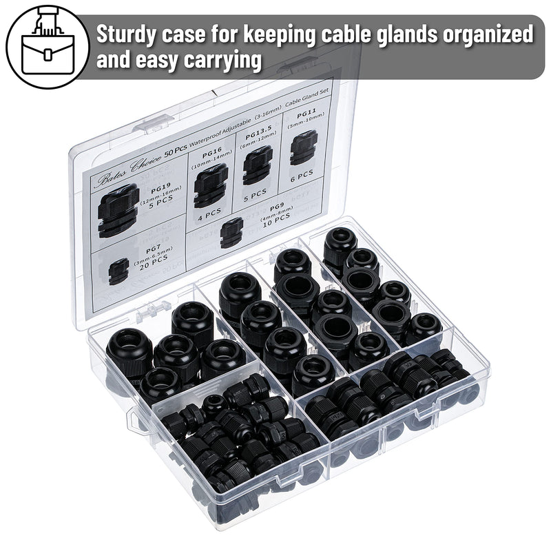 [Australia - AusPower] - Bates- Nylon Cable Gland, 50 pcs, 3-16 mm Cable Gland Connectors, PG7, PG9, PG11, PG13.5, PG16, PG19, Waterproof Cable Connector, Black Cord Grip, Plastic Cable Connector, Cable Glands Waterproof 50 Pack, PG7-PG19 