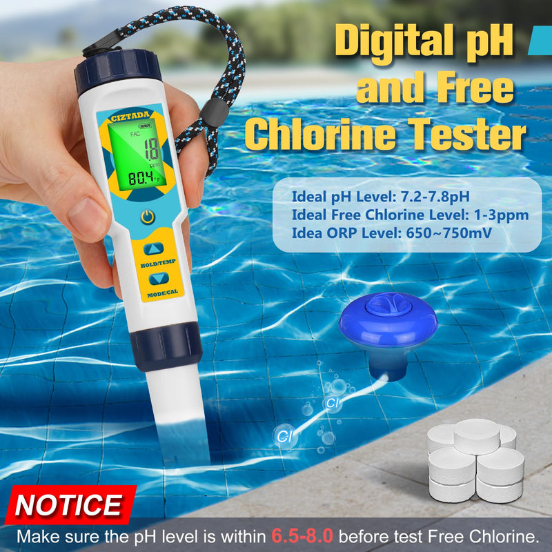 [Australia - AusPower] - Saltwater Pool Tester Free Chlorine Meter pH and Salinity Tester 7 in 1 Free Chlorine pH Salt ORP TDS EC Temp Meter Digital Pool Water Tester pH and Free Chlorine Meter for Pool Hot Tub Spa 7 in 1 Free Chlorine pH Salt ORP TDS EC Tester 