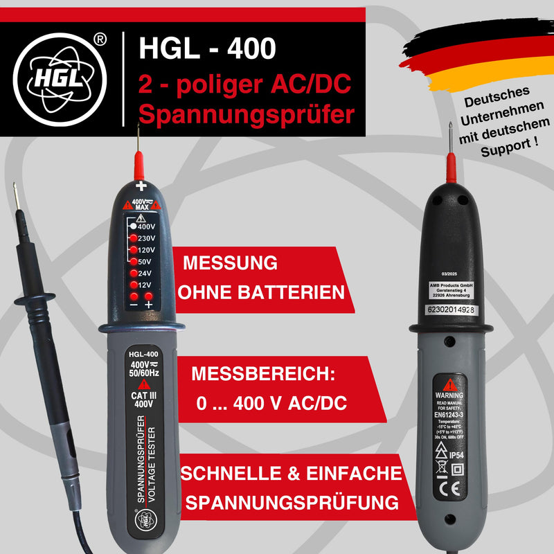 [Australia - AusPower] - HGL -400 Voltage Tester Double Pole 12 V to 400 V AC/DC with LED Display, Phase Tester, IP54 Splash-Proof, No Batteries Required, 2-Pin Voltage Meter, Socket Meter 
