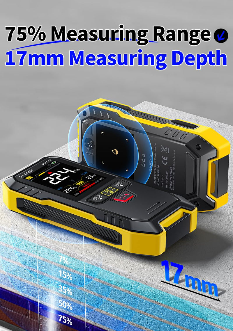 [Australia - AusPower] - FNRSI UPGRADED WMT-10 Rechargeable Pinless Wood Moisture Meter with Flashlight for Wood, Firewood, Wall Non-contact Timber Damp Detector Non-destructive Humidity Tester for Lumber Concrete Building 