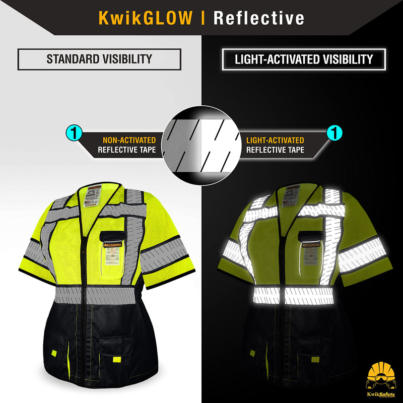 KwikSafety - Charlotte, NC - SPECIALIST Class 3 Safety Vest for Women [REFLECTIVE FISHBONE TAPE] ANSI Tested OSHA Compliant Hi Vis PPE Work Gear/Black Medium