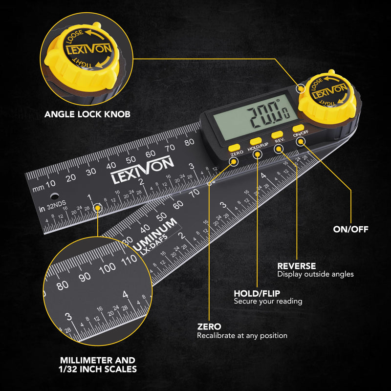 LEXIVON Digital Protractor Aluminum 130mm Digital Angle Gauge Multipurpose Angle Gauge with XL Display and Durable Zipper Pocket (LX-DAF5) Digital 130mm