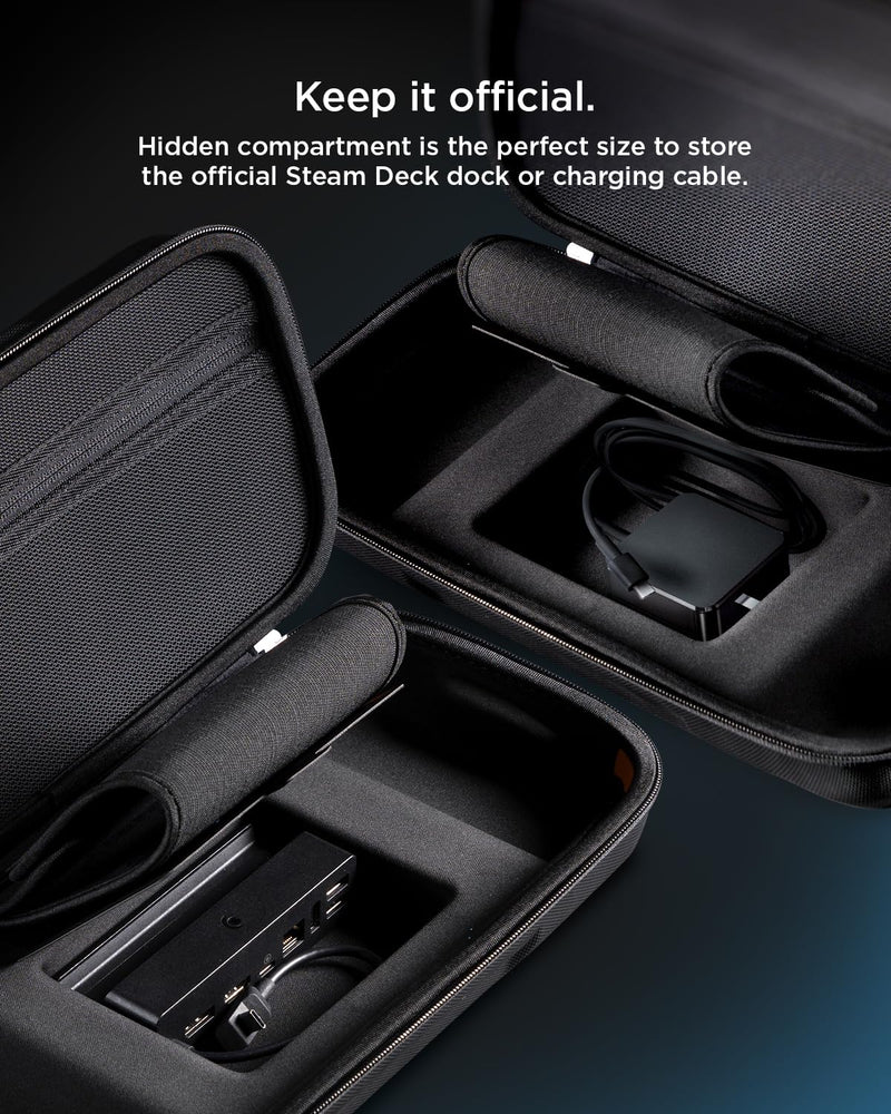 [Australia - AusPower] - Spigen Rugged Armor Pro Designed for Steam Deck LCD (2022) / Steam Deck OLED (2023) Hard Shell Travel Carrying Case with Pockets for Accessories and Original Charger Storage Bag Carry Case - Black 