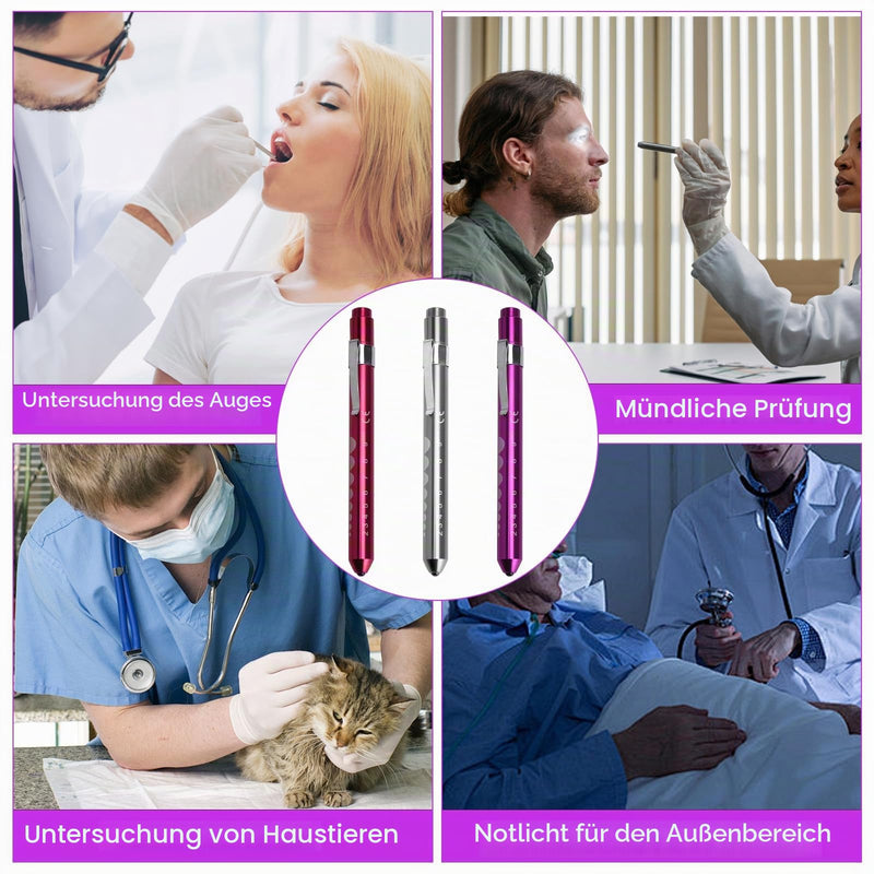 HENGBIRD Pupil Light LED Pen Lamp Set of 3 in Purple, Pink, Silver Penlight Torch Diagnostic Light with Clip and Scale for Eye Examination Emergency Service Accessories Care Accessories
