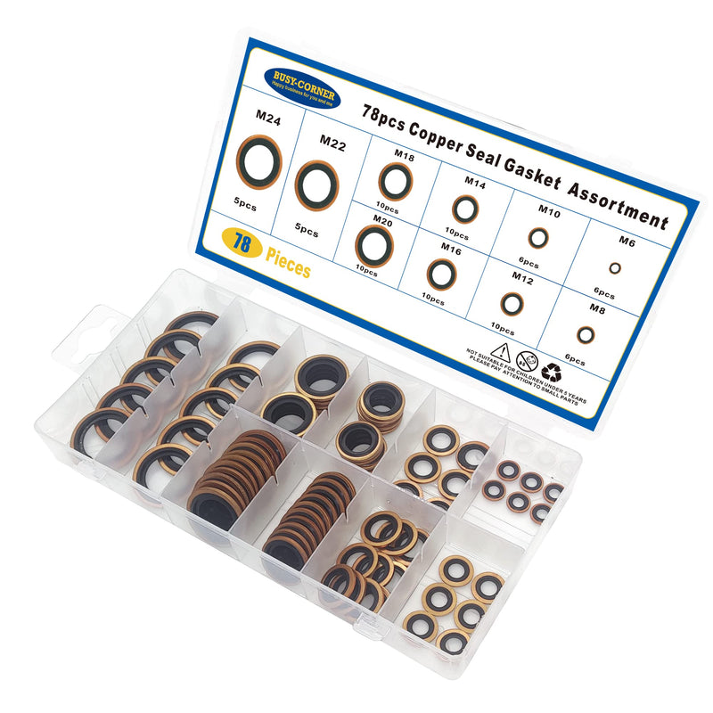 [Australia - AusPower] - 78 PCS 10 Sizes Copper Metric Bonded Seal Dowty Washer, Automotive Self-Centred Dowty Seal Gasket Assortment, M6/8/10/12/14/16/18/20/22/24 