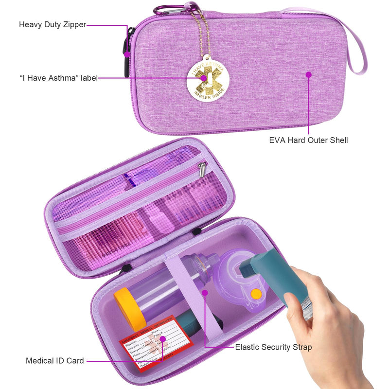 [Australia - AusPower] - MGZNMTY Travel Carrying Case Compatible with Asthma Inhaler Spacer for Adults and Children, Masks, Inhaler Holder with Asthma Alert Tag and Medical Card, Carabiner (Only Case) (Purple) Purple 