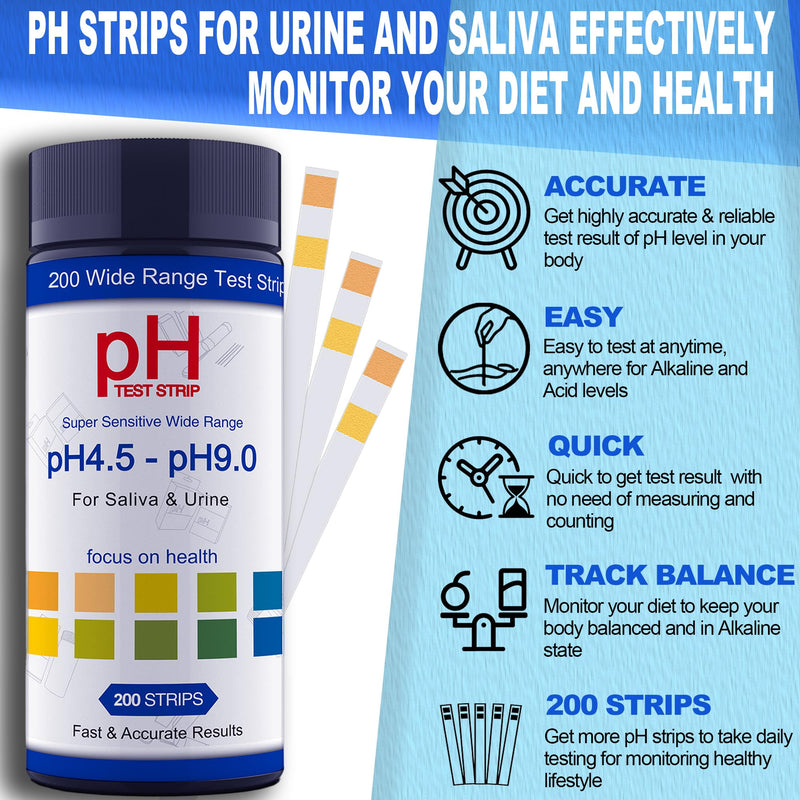 [Australia - AusPower] - PH Test Strips for Urine & Saliva - 200ct Urine PH Test Strips for Humans, Fast & Accurately Track & Monitor Your pH Level (4.5-9.0ppm) in Seconds, Quick & Easy to Test Alkaline & Acid Levels in Body 