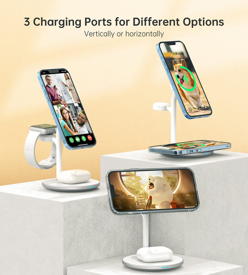 [Australia - AusPower] - 3 in 1 Wireless Charging Station for Multiple Devices, 15W Fast Wireless Mag-Safe Charger Stand for iPhone 14 13 12 Pro Max/Plus/Pro/Mini, Mag Charger for iWatch Ultra/8/7/SE/6/5/4/3/2, AirPods White 