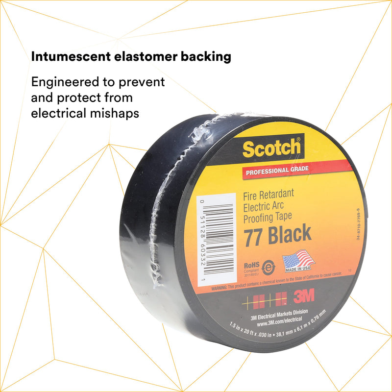 3M Scotch Fire-Retardant Electric Arc Proofing Tape 77, 3 in x 20 ft, Black, 1 Roll, UL Listed and RoHS 2011/65/EU Compliant 3" x 20'