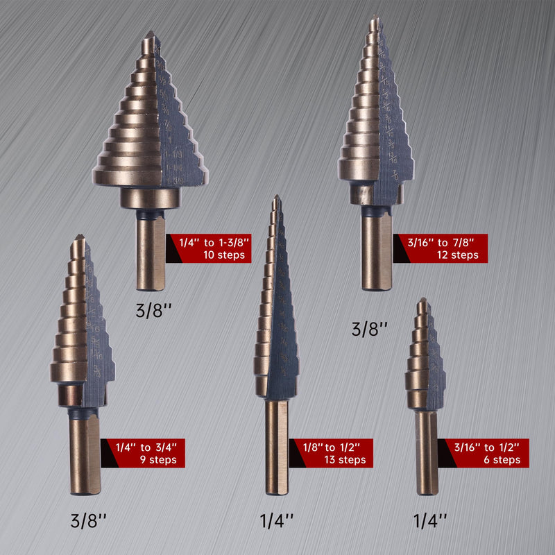 Step Drill Bits, 6PCS (50 Sizes) HSS Step Unibit Drill Bit Set with Auto Center Punch Black and Gold, Double Cutting Blades HSS Drill with Aluminum Case, Multi-Hole Stepped Up Bits for DIY 6pcs - Black and Gold