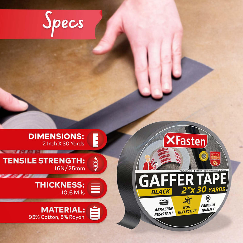 [Australia - AusPower] - XFasten Black Gaffers Tape 2 Inch x 30 Yards (90 Feet) Residue-Free Matte Black Gaffer Tape 2 Inch Non-Reflective Easy-to-Tear Floor Tape for Electrical Cords 