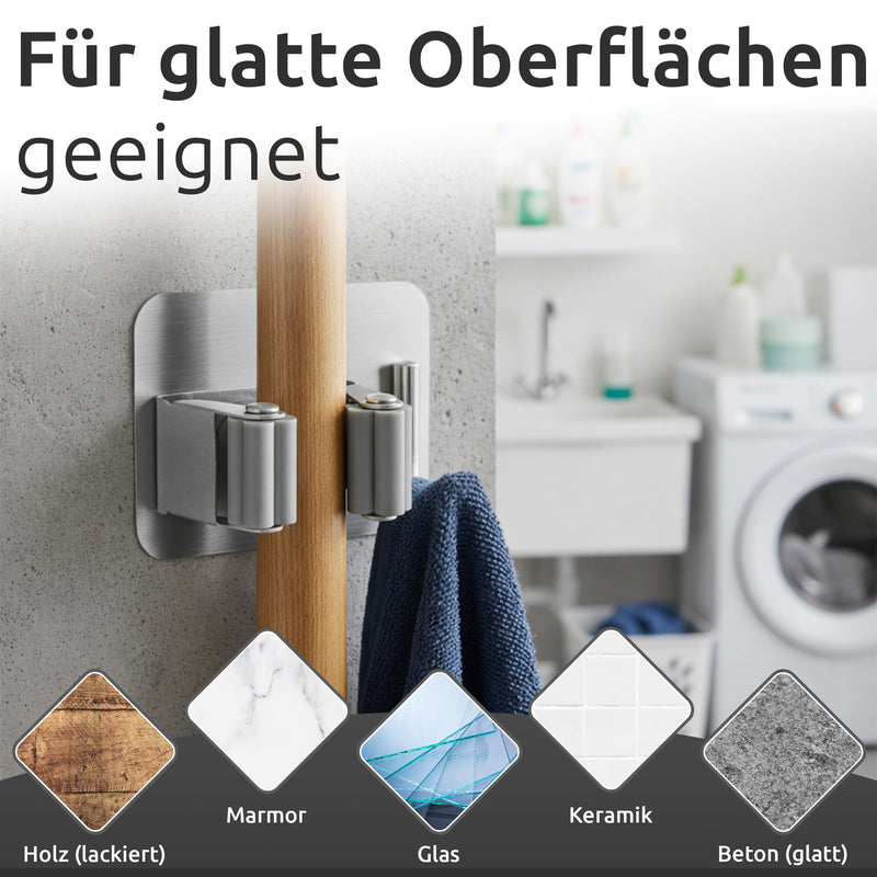 ECENCE Broom Holder Wall Self-Adhesive Pack of 4 Device Holder | Broom Holder Silver Stainless Steel No Drilling Mop Holder for Kitchen, Bathroom, Balcony & Garden