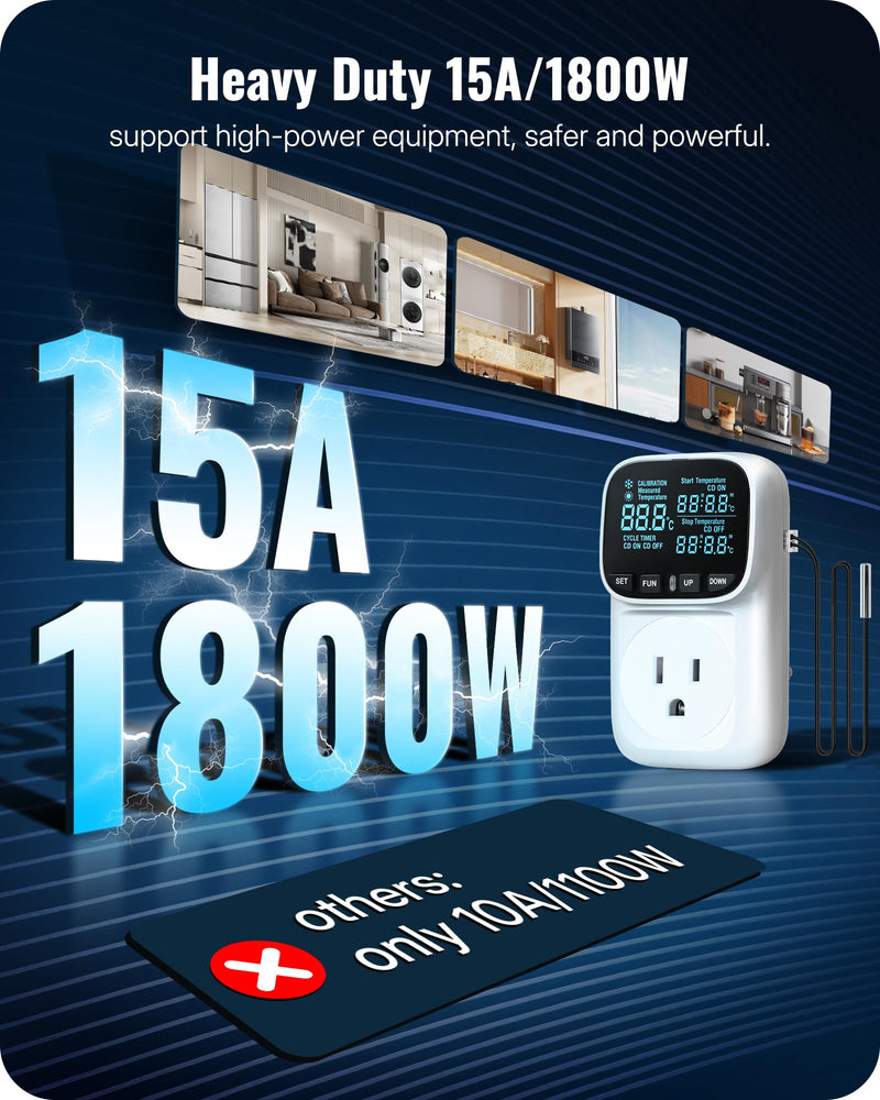 [Australia - AusPower] - Digital Temperature Controller Outlet, 15A/1800W Heavy Duty Thermostat Plug, VA LCD Display, Heating/Cooling Control, -40°F~210°F, 4 Timer Modes, for Greenhouse Incubator Homebrew W01TC06 