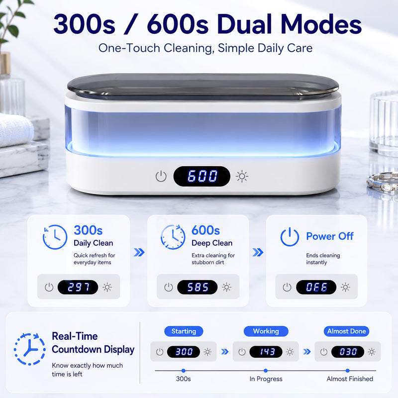 Ultrasonic Jewelry Cleaner Machine, 48kHz Cleaner for Jewelry, Glasses, Rings, Watch Bands, Dentures and Retainers, 350ML SUS304 Tank, Digital Countdown, Auto Shut-Off, 7-Color LED Light White