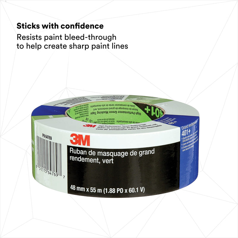 3M High Performance Green Masking Tape 401+, Superior Adhesion, Clean Removal, Highly Conformable, Paint-Bleed Resistant, 48 mm x 55 m, 1 Roll