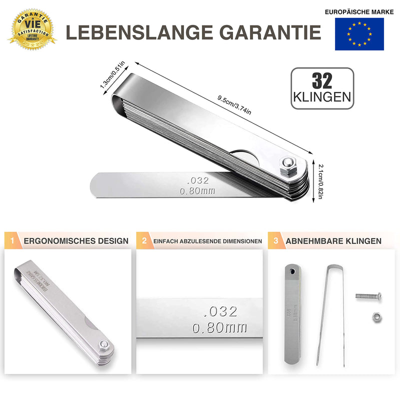 Feeler Gauge, Pack of 32, Stainless Steel Shims for Checking Valve Clearance and Other Dimensions on the Engine, Foldable Tool, Valve Gauge, Blade Gauge for Car/Motorcycle 1