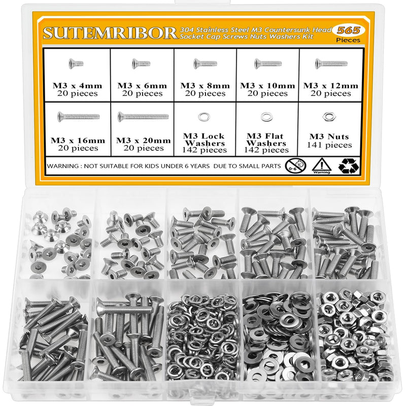 [Australia - AusPower] - 565 Pieces M3 Screws Nuts Washers Set, Sutemribor M3 x 4/6/8/10/12/16/20mm Countersunk Head Socket Cap Screws Nuts Washers Assortment Kit, 304 Stainless Steel, Fully Threaded 