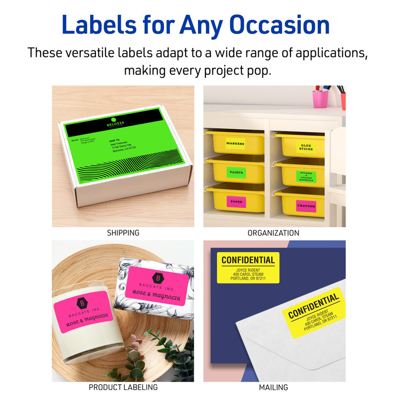 Avery Printable Labels, Sure Feed Technology, 1" x 2-5/8", Assorted Neon Colors (Green, Magenta, and Yellow), Removable Adhesive, Laser & Inkjet Compatible, 360 Blank Labels Total (6479) 1"H x 2 5/8"W