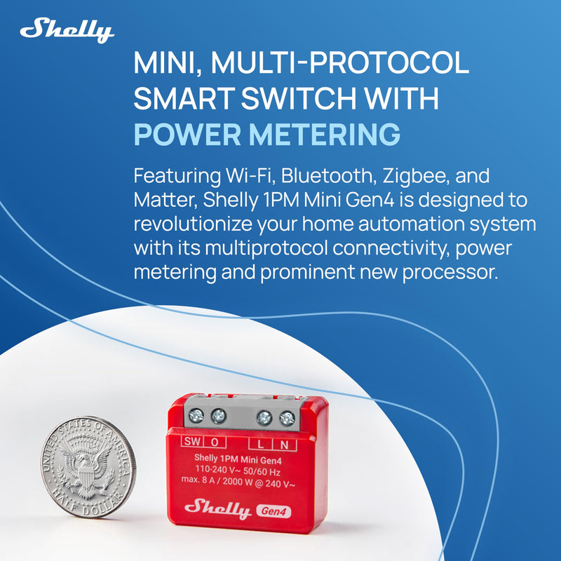 Shelly 1PM Mini Gen4 | Wi-Fi, Zigbee, Matter Smart Relay Switch with Power Metering, 1-Channel 8A | Home Automation | Alexa, SmartThings, Google, Apple HomeKit Compatible | iOS Android App (2 Pack) 2