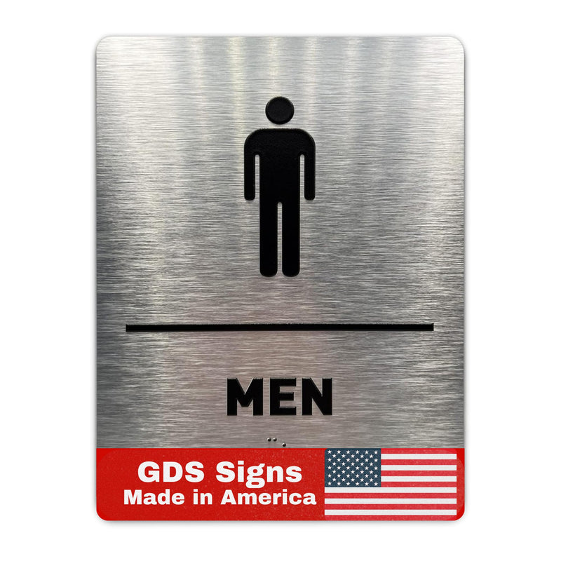 Men Bathroom Sign by GDS - ADA Compliant, Wheelchair Accessible, Raised Icons, & Grade 2 Braille - Includes Adhesive Strips for Easy Installation - Bathroom Signs for Business, Restroom Sign, Restroom Signs for Business - 6" W x 8" H (Brushed Aluminum)...