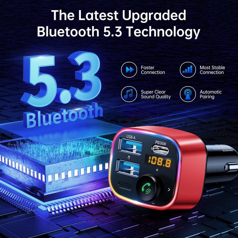 [Australia - AusPower] - Syncwire Bluetooth 5.3 FM Transmitter Car Adapter 48W (PD 36W & 12W) [Light Switch] [Hi-Fi Deep Bass] [Fast Charge] Wireless Radio Music Adapter LED Display Hands-Free Calling Support USB Drive, Red 