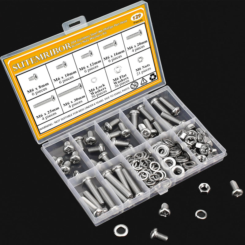 [Australia - AusPower] - 129 Pieces M6 Machine Screws Nuts Washers Set, Sutemribor M6 x 8/10/12/16/20/25/30mm Phillips Pan Head Machine Screws Nuts Washers Assortment Kit, 304 Stainless Steel, Fully Threaded 
