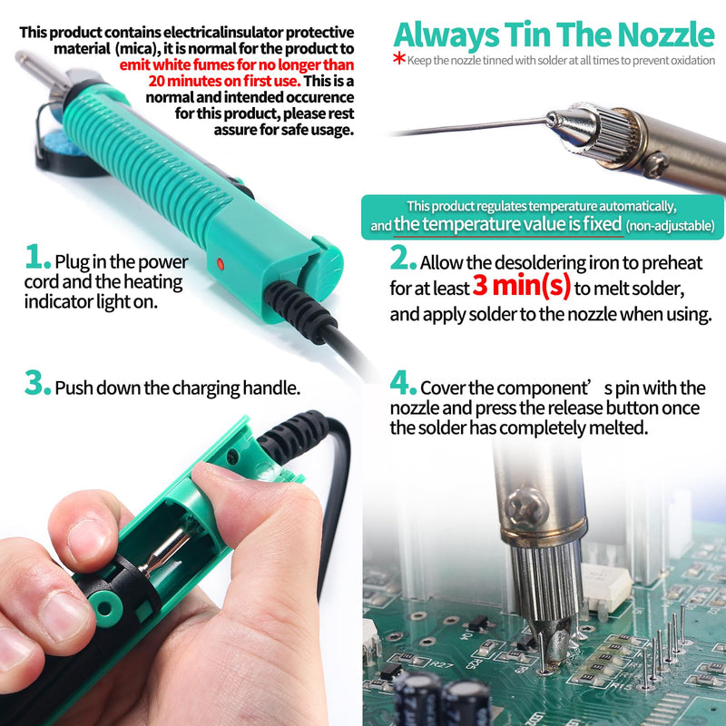 YIHUA 929D-V Electric Vacuum Desoldering Iron, Soldering Iron, Suction Desoldering Pump with Shorter Charging Handle and Desoldering Nozzles 1.0 mm 1.2 mm 2.0 mm for Through Soldering (EU Plug)