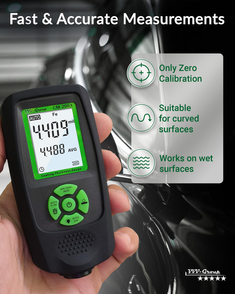 Paint Thickness Gauge – CM-206X Automotive Coating Thickness Meter 0–59.1 mils (0–1500 µm), 0.001 mils Resolution, Fe/NFe/Zn Auto Detection, Ruby Probe