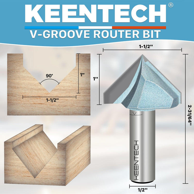[Australia - AusPower] - KEENTECH Router Bits, Carbide Tipped 90-Degree V-Groove Router Bit for Grooving, Industrial Grade Cutting Tools for Woodworking (1/2 Inch Shank x 1-1/2 Inch Diameter x 1 Inch Depth, KT03012408) 1/2"(Shank)*1-1/2"(Dia.)*1"(Depth) 